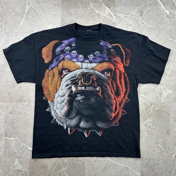 90s Vintage Liquid Blue Graphic Tee Mens Extra Large Biker Tattoo Bulldog Shirt